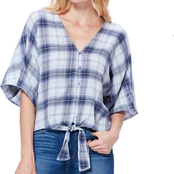Paige Baylee Plaid Tie Front Cotton Blend Top In Eventide Multi - Picture 11 of 15
